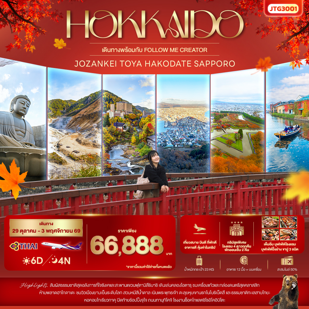 ทัวร์ญี่ปุ่น HOKKAIDO Jozankei Toya Hakodate Sapporo 6วัน 4คืน (TG